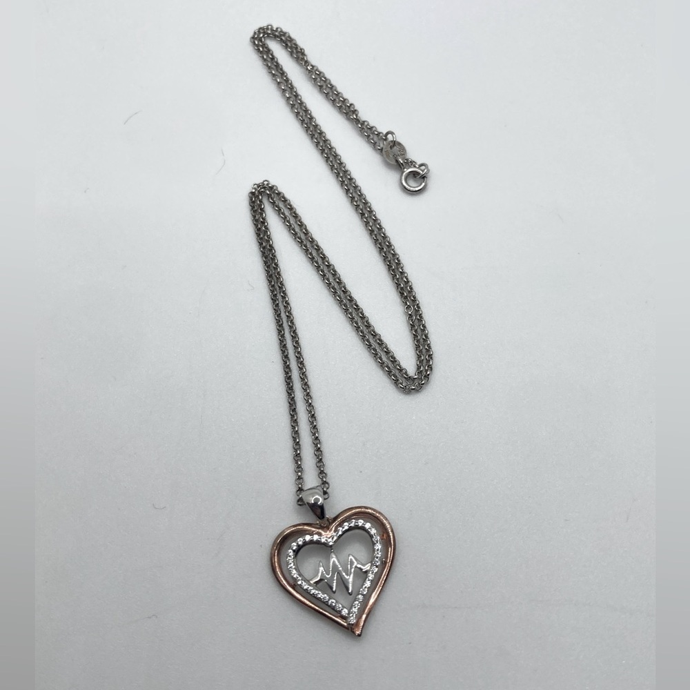 Vtg Sterling Silver & Rose Gold Tone CZ Heart Beat Pendant & Chain 18” + .9”